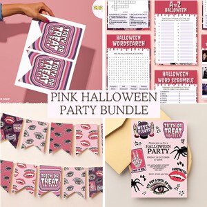 May include: A pink Halloween party bundle with banners, invitations, and activity sheets. The banners say "Trick or Treat Yo Self" and have spider and eye graphics. The invitation includes the text "Witch Please".