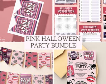 Pink Halloween Party Bundle, Girly Editable Invitation, Printable Bunting, Puzzle Games; Digital Download
