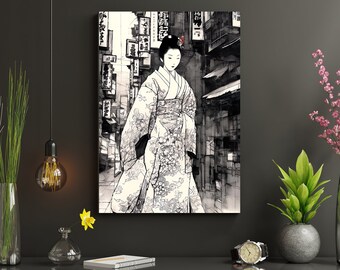 May include: A black and white illustration of a woman in a traditional Japanese kimono walking through a city street. The woman has a red flower in her hair and is looking down. The background is a busy city street with buildings and signs.