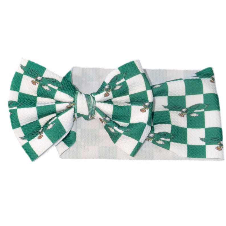 Philadelphia Eagles Headwrap Bows|Go Birds Baby Bows| Eagles Inspired Toddler Bows | NFL inspired Print | infant/toddler/girls/adult bows Green Checker Birds