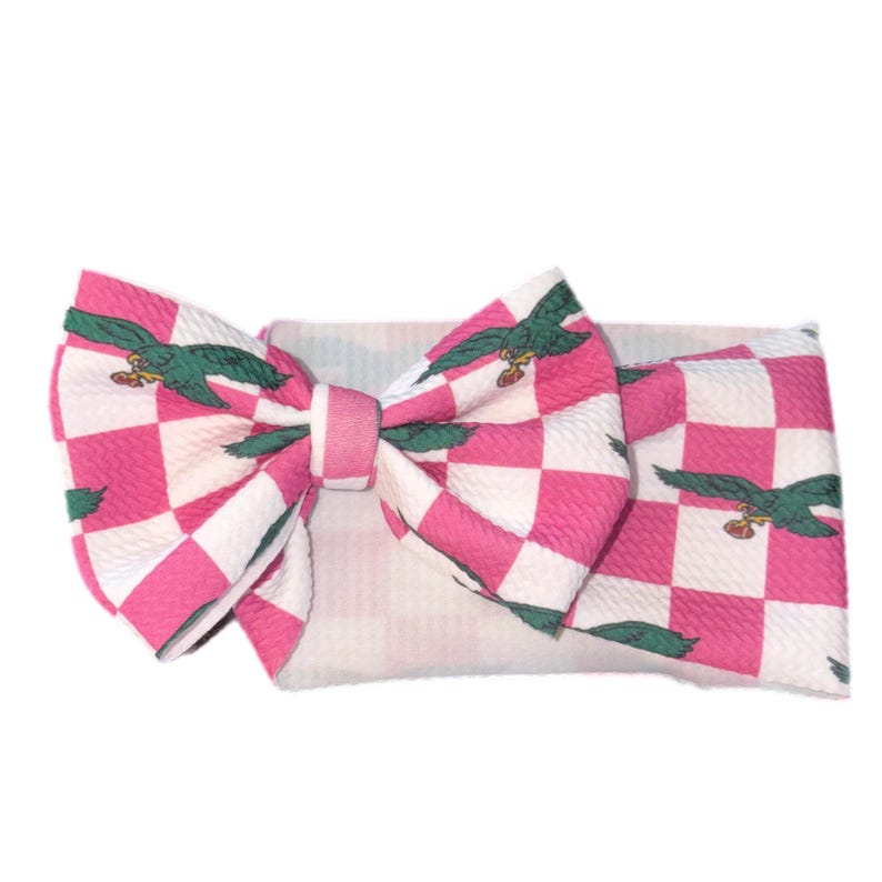 Philadelphia Eagles Headwrap Bows|Go Birds Baby Bows| Eagles Inspired Toddler Bows | NFL inspired Print | infant/toddler/girls/adult bows Pink Checkered Birds