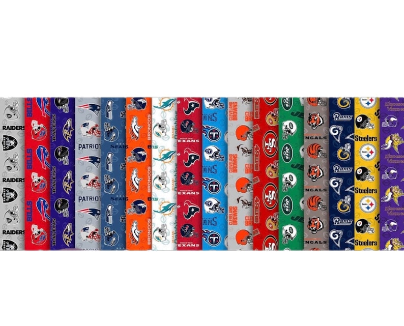 May include: A collection of fabric rolls featuring various NFL team logos and colors. The fabrics display team names and helmet designs, including the Raiders, Bills, Patriots, Broncos, and Steelers. The rolls are arranged side by side, showcasing a variety of team-themed patterns.