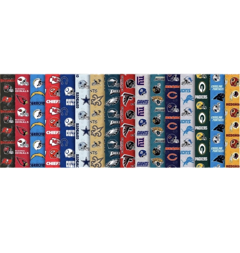 May include: Fabric rolls featuring various NFL team logos, including the Arizona Cardinals, Los Angeles Chargers, Kansas City Chiefs, Dallas Cowboys, and New York Giants. The fabric displays team helmets and logos in team colors.