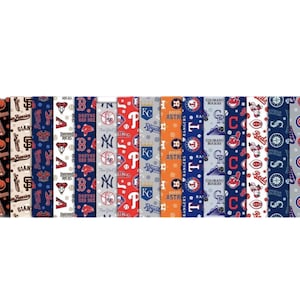 May include: A set of 14 fabric strips featuring logos of different Major League Baseball teams. The strips are white with blue, red, orange, and gray accents. The logos include the San Francisco Giants, Boston Red Sox, New York Yankees, Philadelphia Phillies, Kansas City Royals, Houston Astros, Texas Rangers, Colorado Rockies, Cincinnati Reds, Baltimore Orioles, and Toronto Blue Jays.