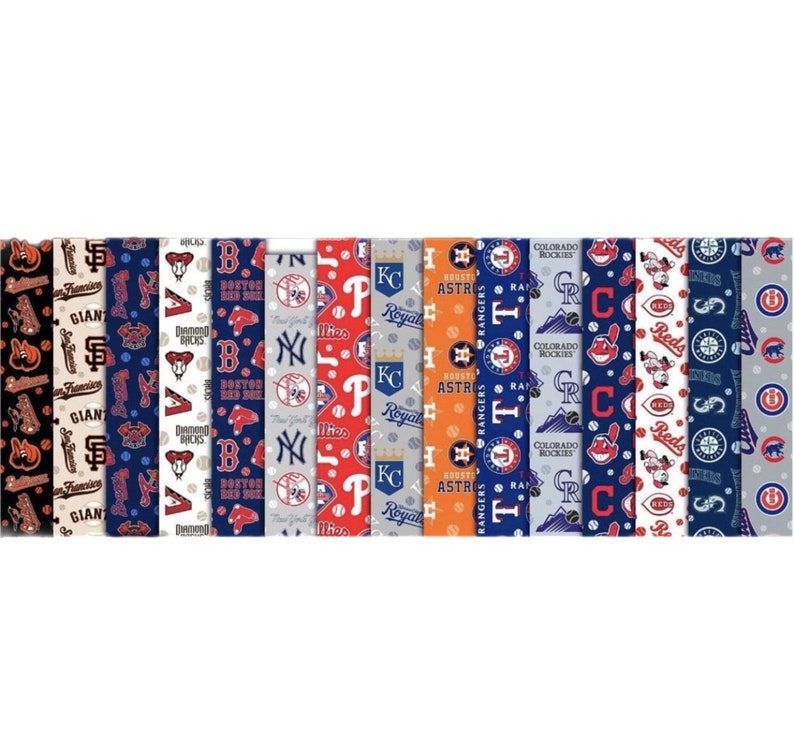 May include: A set of 14 fabric strips featuring logos of different Major League Baseball teams. The strips are white with blue, red, orange, and gray accents. The logos include the San Francisco Giants, Boston Red Sox, New York Yankees, Philadelphia Phillies, Kansas City Royals, Houston Astros, Texas Rangers, Colorado Rockies, Cincinnati Reds, Baltimore Orioles, and Toronto Blue Jays.