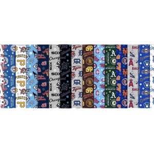 May include: A collection of 14 different fabric strips featuring various Major League Baseball team logos. The logos are printed on a white background with a blue, red, or black pattern. The logos include the Washington Nationals, Blue Jays, Pirates, Marlins, Chicago Sox, Miami Marlins, Detroit Tigers, San Diego Padres, Oakland Athletics, Los Angeles Angels, and Los Angeles Dodgers.