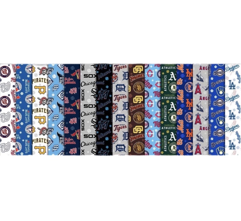 May include: A collection of 14 different fabric strips featuring various Major League Baseball team logos. The logos are printed on a white background with a blue, red, or black pattern. The logos include the Washington Nationals, Blue Jays, Pirates, Marlins, Chicago Sox, Miami Marlins, Detroit Tigers, San Diego Padres, Oakland Athletics, Los Angeles Angels, and Los Angeles Dodgers.