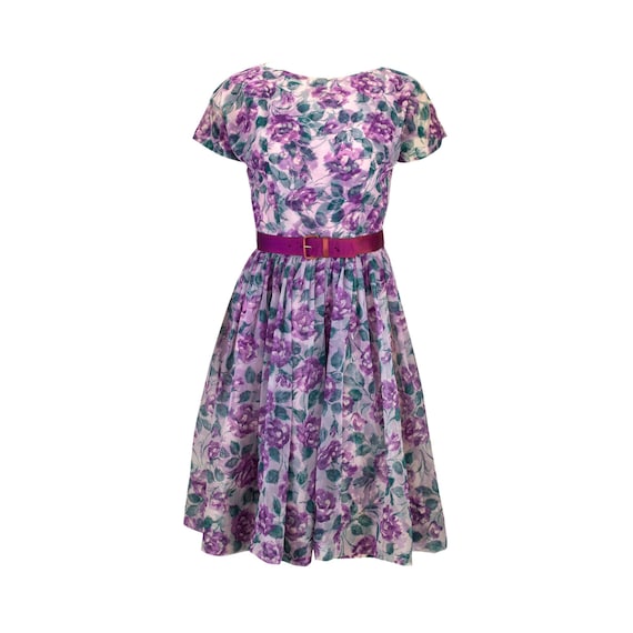 Vintage Party Dress Full Skirt Purple Flowers Bel… - image 2