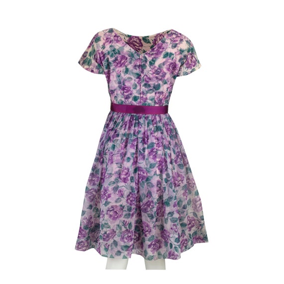 Vintage Party Dress Full Skirt Purple Flowers Bel… - image 5