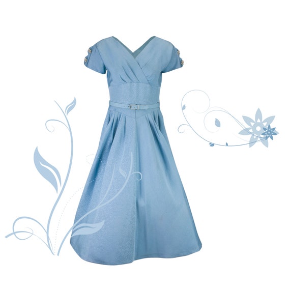 Vintage 1960's Blue Cocktail Party Dress Fancy Bu… - image 2