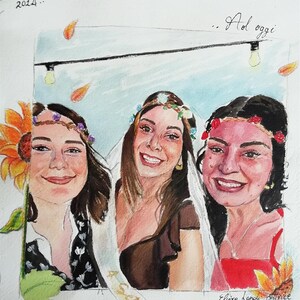 regalo damigelle, ritratto damigelle, realizzato a mano su carta D'Amalfi, acquerelli. Rendi unico il tuo giorno con un regalo alternativo.
