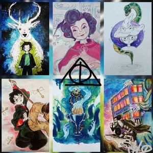 Piccoli acquerelli di Harry potter, dipinti a mano su cartoncino spesso con acquerelli, acrilici,penne gel. Per tutti gli amanti della saga.