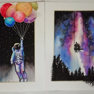 Dipinti ad acquerello, astronauta nello spazio, cielo stellato, dipinti a mano