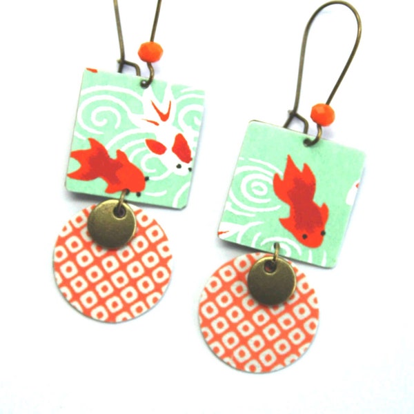 boucles d'oreilles papier japonais poisson vert et orange