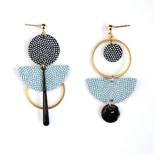 Asymmetrical Japanese paper earrings blue/gray black with white polka dots