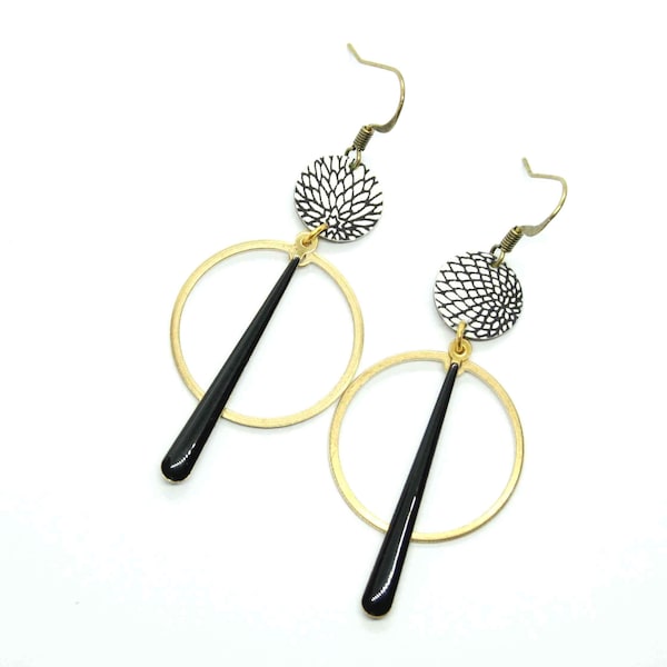 Boucles d'oreilles longues papier japonais noir et blanc