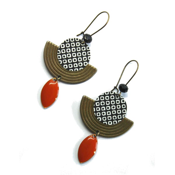 original black and white Japanese paper black and white terracotta enamel earrings