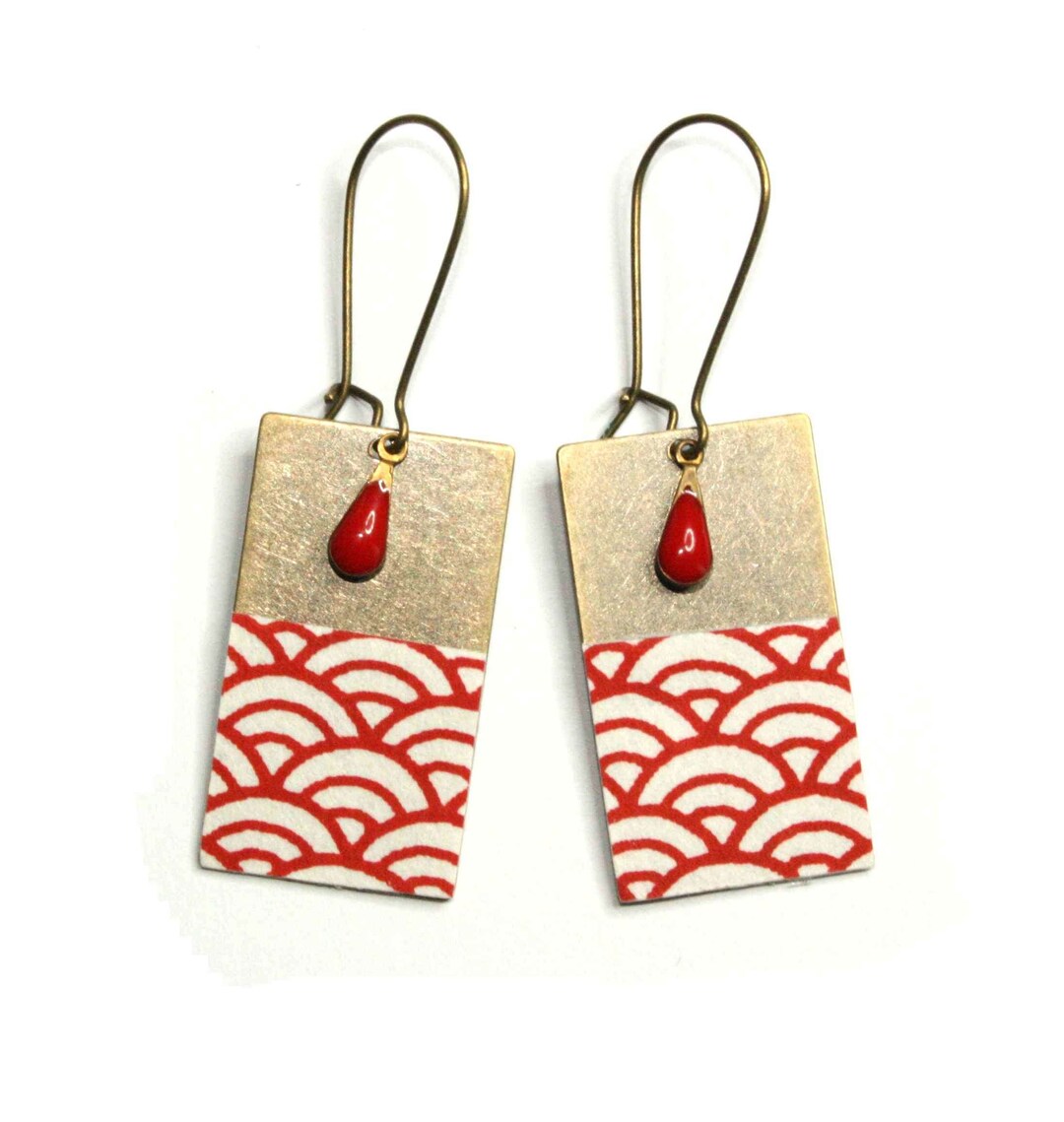 Japanese Paper Rectangle Earrings Red Waves -  Denmark