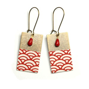 Boucles d'oreilles rectangle papier japonais vagues rouges