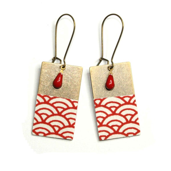 Rectangle Japanese paper earrings with red waves