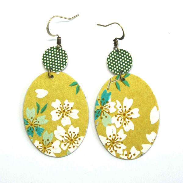 oval yellow Japanese paper earrings with flower