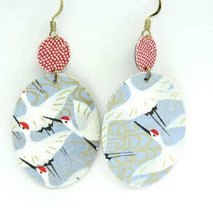 boucles d'oreilles papier japonais grue bleu et blanc