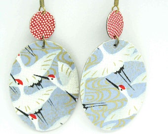 blue and white japanese paper crane earrings