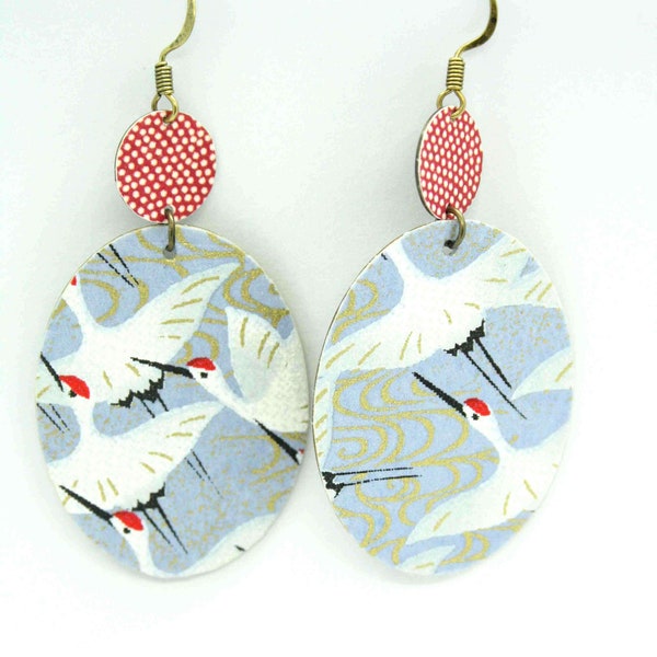 blue and white japanese paper crane earrings