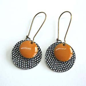 Black Japanese paper earrings with white polka dots and mustard yellow enamel