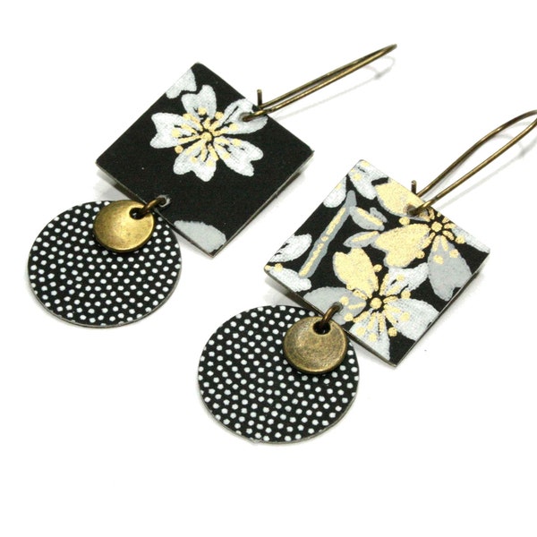 black Japanese paper earrings with white gold flowers