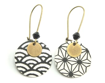 Asymmetrical black and white Japanese paper earrings