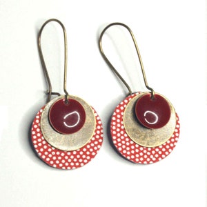 Red Japanese paper earrings with white polka dots