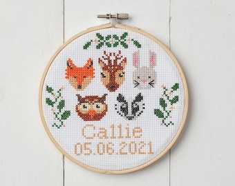 Kit de punto de cruz de animales del bosque: regalo personalizado para bebé