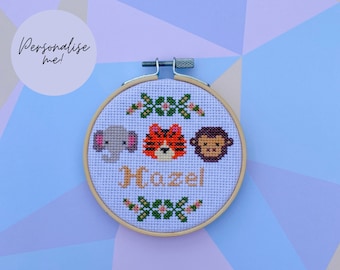 Kit de punto de cruz personalizado para bebé: Animales de la selva, diseño floral