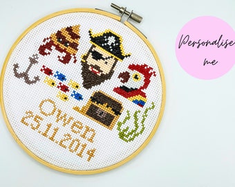 Kit de punto de cruz para bebé pirata: nombre y fecha personalizados, bordado para principiantes