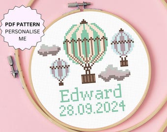 Patrón de punto de cruz personalizado para bebé: Globo aerostático (Patrón PDF)