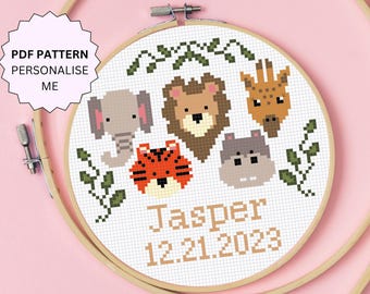 Patrón de punto de cruz personalizado para recién nacidos: Animales de la selva (patrón PDF)
