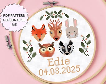 Patrón de punto de cruz personalizado para recién nacidos: Animales del bosque (Patrón PDF)