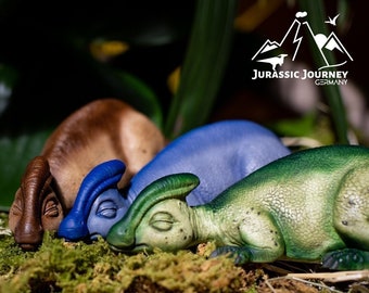 Sleeping Parasaurolophus baby, dinosaur sculpture, in various variations, resin, hand-painted, decoration, by Jurassic Journey