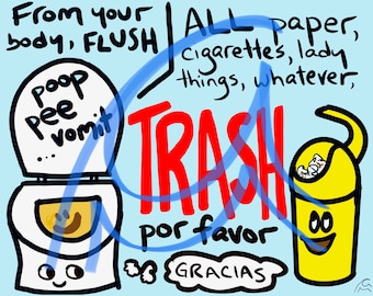 From Your Body? Flush it Down! Paper Etc? All for Trash Digital Download for Restrooms Guest Bathrooms Where Toilet Paper Into Trash Only
