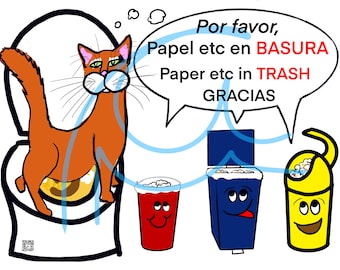 Cat on Toilet Bilingual Restrooms Guest Bathrooms Where Toilet Paper Throw Into Trash Can Bin ONLY Funny Humor Sign with Orange Brown Cat