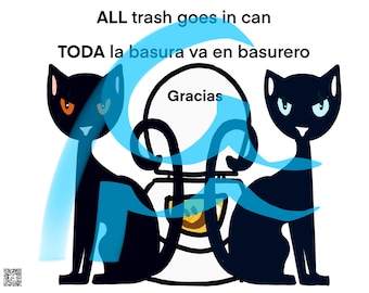 Black Cats Block Toilet Bilingual Restroom Guest Bathroom Donde Toilet Paper Throw In Trash Can Bin ONLY Funny Humor Sign Downloadable Print