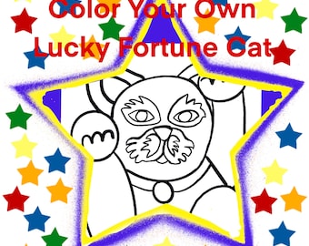 Lucky Fortune Beckoning Calm Cat Maneki Neto Color Page Printable or Tablet, Easy Fun for Adults and Children paper or digital coloring
