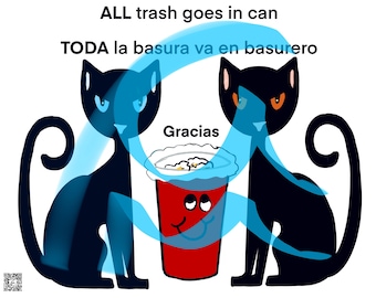 Cat Gato on Toilet Bilingual Restrooms Guest Bathrooms Donde Toilet Paper Throw En Trash Can Bin ONLY Funny Humor Sign with Two Black Cats