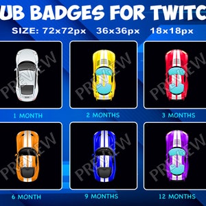 Puede incluir: Seis insignias de suscriptor de Twitch de diferentes tamaños que muestran un coche blanco con rayas de carreras en varios colores. Las insignias están etiquetadas con el número de meses de suscripción: 1 mes, 2 meses, 3 meses, 6 meses, 9 meses y 12 meses.