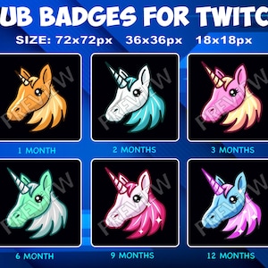 6 Unicorns Sub / Bit Badges for Twitch Kick, loyalty Badges Pack for Twitch Kick Streamers