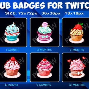 6 Cupcake Sub / Bit Badges for Twitch Kick, loyalty Badges Pack for Twitch Kick Streamers