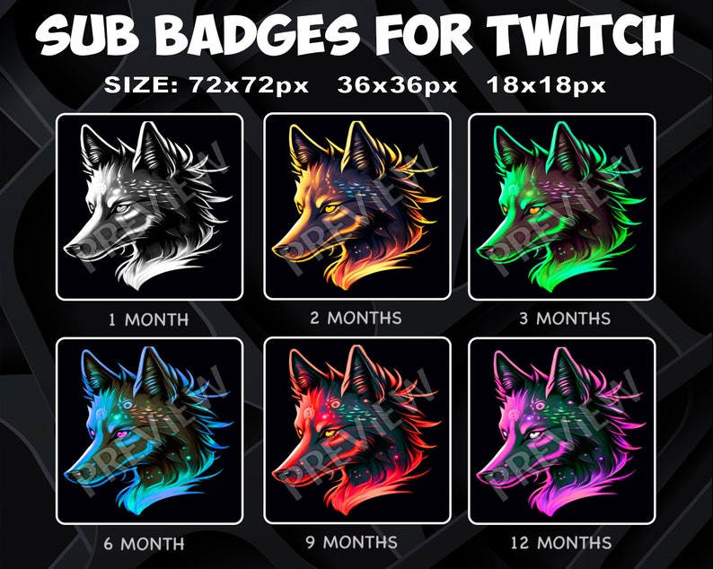 6 Wolf Sub Badges for Twitch Kick, Loyalty Sub Badges Pack for Twitch Kick Streamers Bit Badges