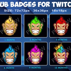 May include: Six different Twitch subscriber badges featuring a cartoon monkey with different coloured hair and a crown. The badges are labelled with the number of months of subscription: 1 month, 2 months, 3 months, 6 months, 9 months, and 12 months.