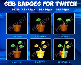 May include: Six Twitch subscriber badges featuring a potted plant with different colored leaves and pots. The badges are for 1, 2, 3, 6, 9, and 12 months of subscription. The badges are in three sizes: 72x72 pixels, 36x36 pixels, and 18x18 pixels.